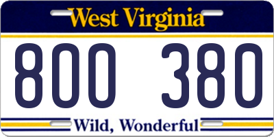 WV license plate 8OO380