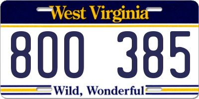 WV license plate 8OO385