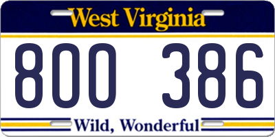 WV license plate 8OO386