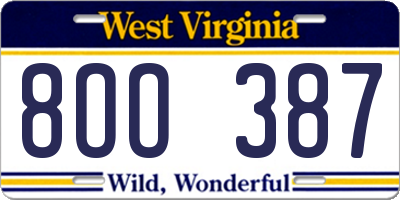 WV license plate 8OO387