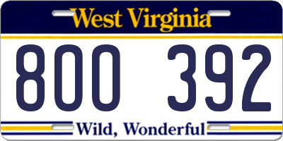 WV license plate 8OO392