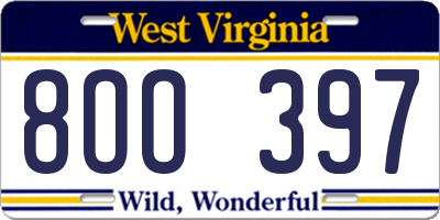 WV license plate 8OO397