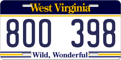 WV license plate 8OO398