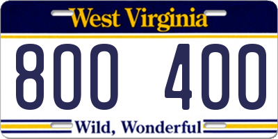 WV license plate 8OO400