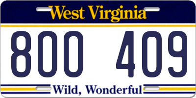 WV license plate 8OO409