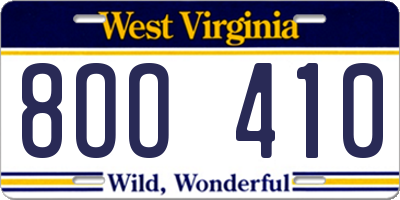 WV license plate 8OO410