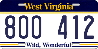 WV license plate 8OO412