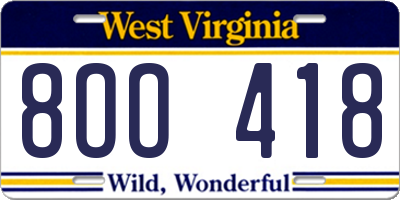 WV license plate 8OO418