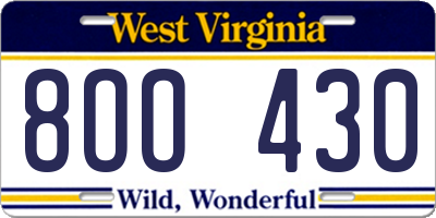 WV license plate 8OO430