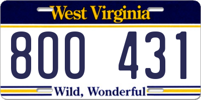 WV license plate 8OO431