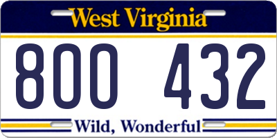 WV license plate 8OO432