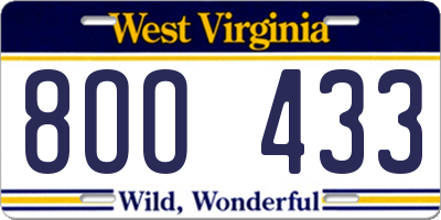 WV license plate 8OO433