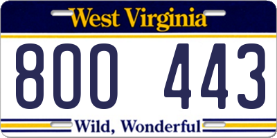 WV license plate 8OO443