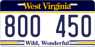 WV license plate 8OO450