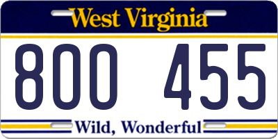 WV license plate 8OO455