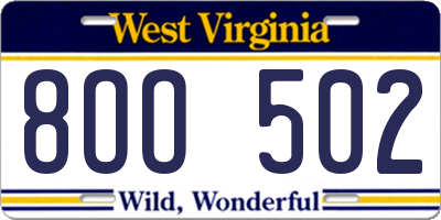 WV license plate 8OO502