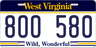 WV license plate 8OO580