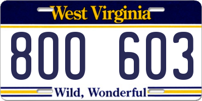 WV license plate 8OO603