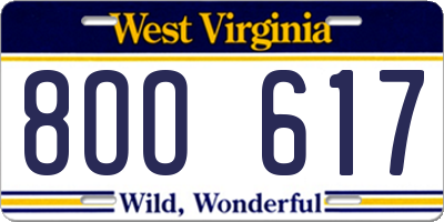 WV license plate 8OO617