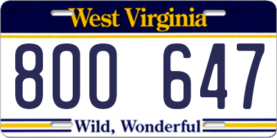 WV license plate 8OO647