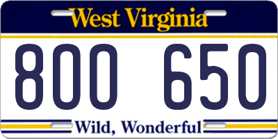 WV license plate 8OO650
