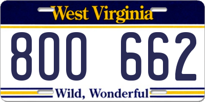WV license plate 8OO662