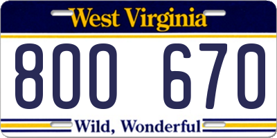 WV license plate 8OO670