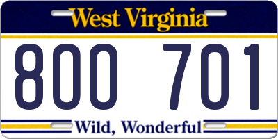 WV license plate 8OO701