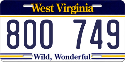 WV license plate 8OO749