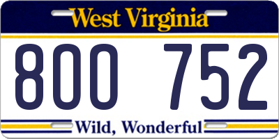 WV license plate 8OO752