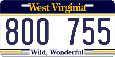 WV license plate 8OO755