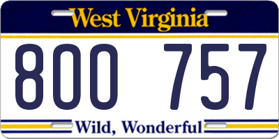 WV license plate 8OO757