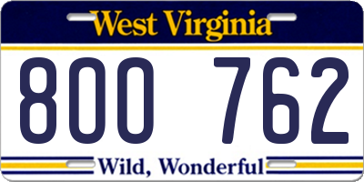 WV license plate 8OO762