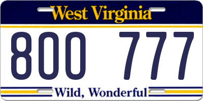 WV license plate 8OO777