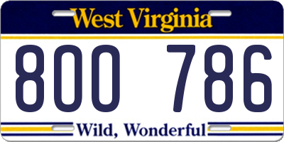 WV license plate 8OO786