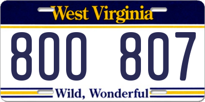 WV license plate 8OO807
