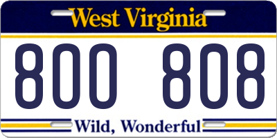 WV license plate 8OO808
