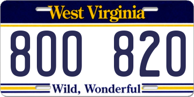 WV license plate 8OO820