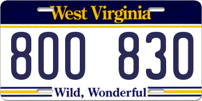 WV license plate 8OO830