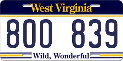 WV license plate 8OO839