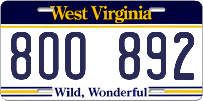 WV license plate 8OO892