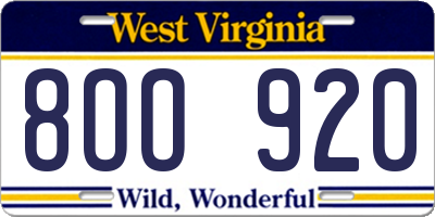 WV license plate 8OO920