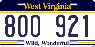 WV license plate 8OO921