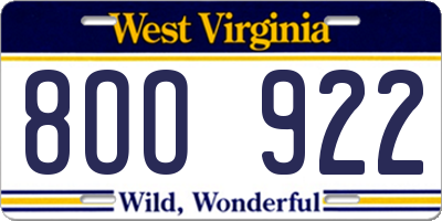 WV license plate 8OO922