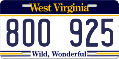 WV license plate 8OO925
