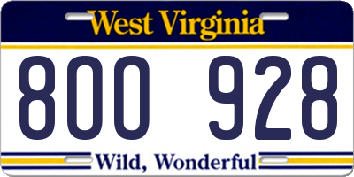 WV license plate 8OO928