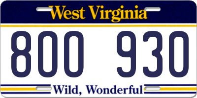 WV license plate 8OO930