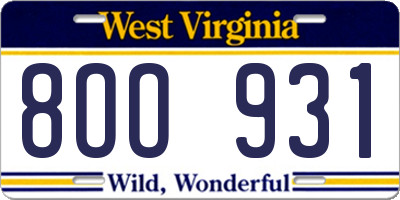 WV license plate 8OO931