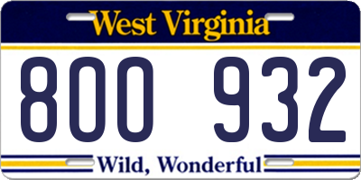 WV license plate 8OO932