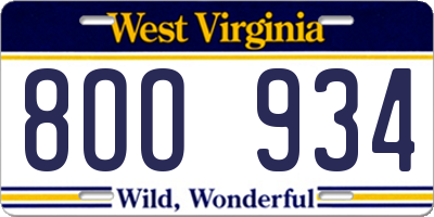 WV license plate 8OO934